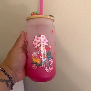 Pink Frosted Glass Tumbler with Straw